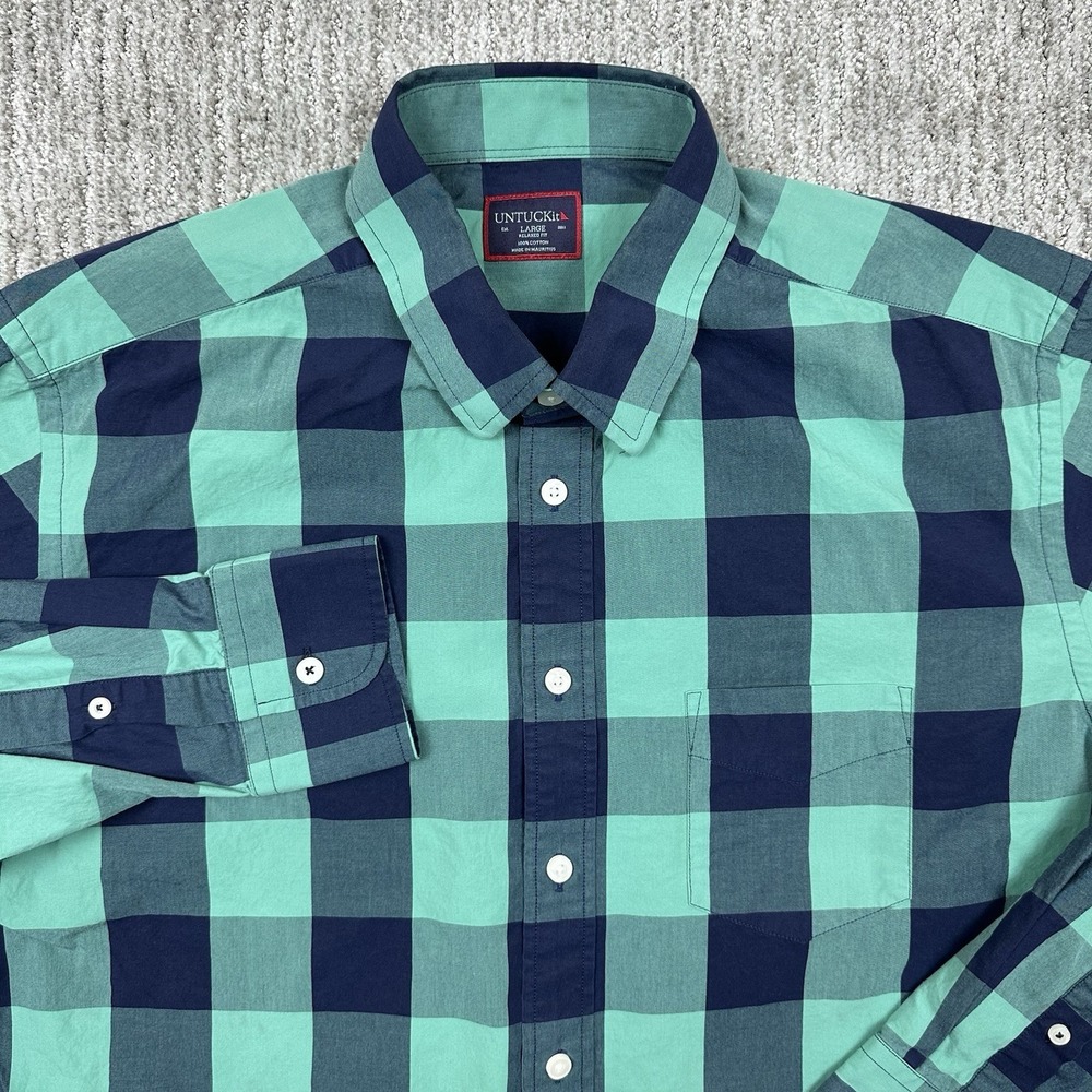UNTUCKit Shirt Mens Large Green Blue Plaid Check Long Sleeve Button Up Relaxed
